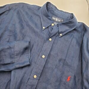 Ralph Lauren Classic Fit Linen Button Down Shirt Mens Navy Blue Size XXL Flaw